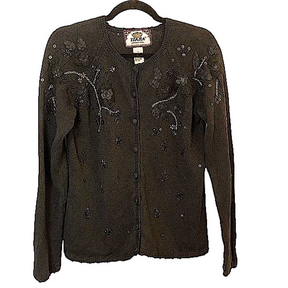 TIARA international Vintage 80's Black Applique Beaded Cardigan Sweater Sz Large
